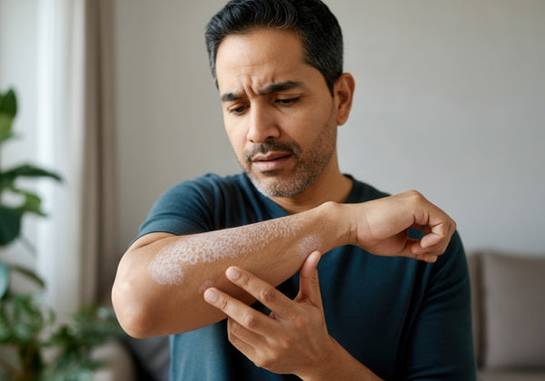 Worried man inspecting his forearm affected by psoriasis by Sandor