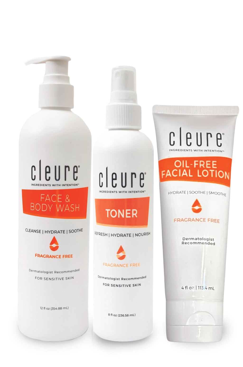 Alcohol-free Facial Lotion, Body Wash and Toner Cleure